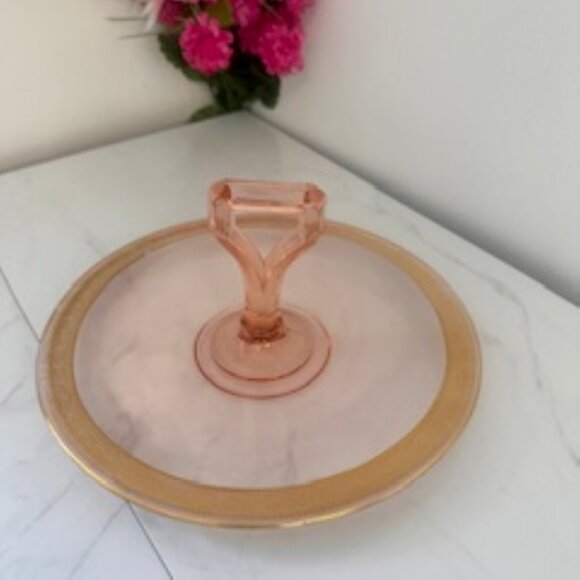 Vintage Pink Depression Glass Platter or Tea Tray with Gold Rim - Picture 4 of 7